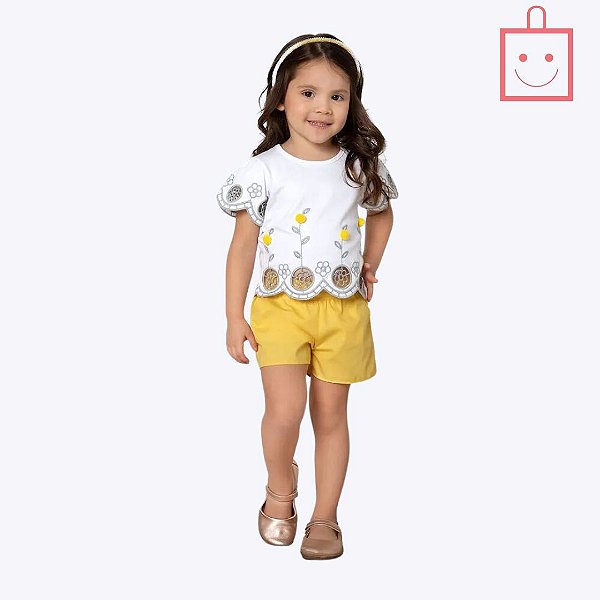 Conjunto Blusa Manga Curta Bordado Pompom e Short Infantil Menina Milon 2000541