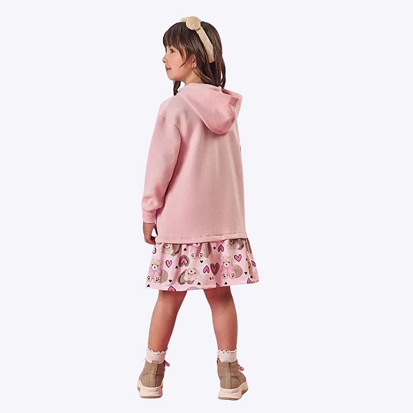 Vestido Manga Longa Ursinho Infantil Menina Mundo Cinti 12329 Rosa