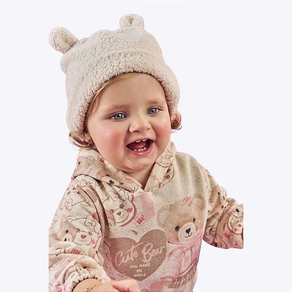 Conjunto Casaco Moletom Com Capuz E Calça Ursinho Bebê Menina Mundo Cinti 10378 Offwhite