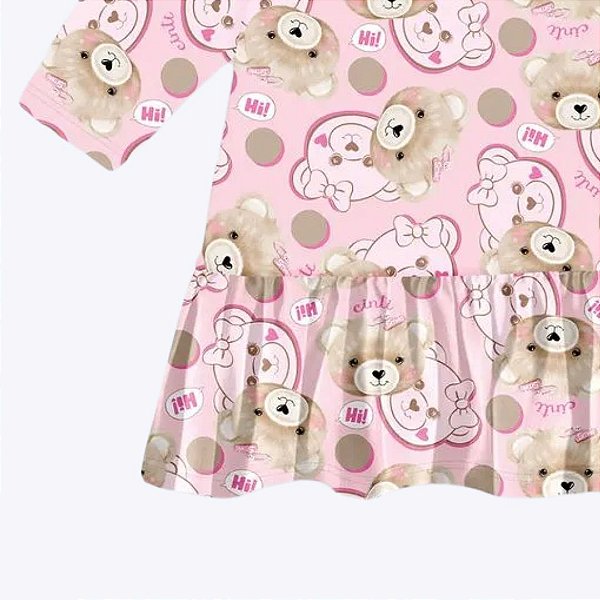 Vestido Manga Longa Ursinho Rosa Bebê Menina Mundo Cinti 10323