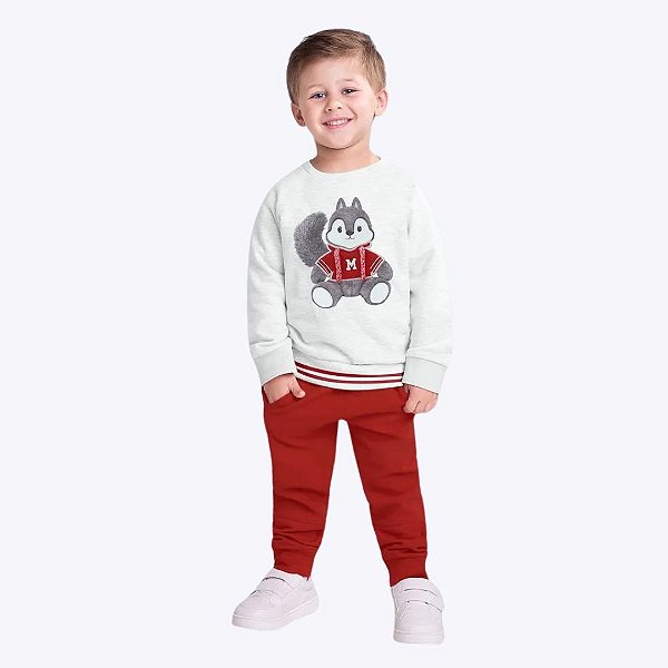 Conjunto Moletom Bordado Esquilo Infantil Menino Milon 2000812 Mescla Claro