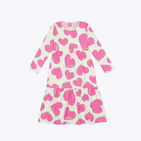 Vestido Midi Manga Longa Estampa Corações Infantil Menina Mundo Cinti 12333 Offwhite