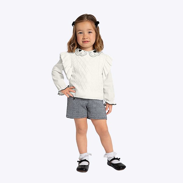 Conjunto Blusa De Manga Longa Com Colete De Tricot E Shorts Tweed Infantil Menina Milon 2000774 Offwhite