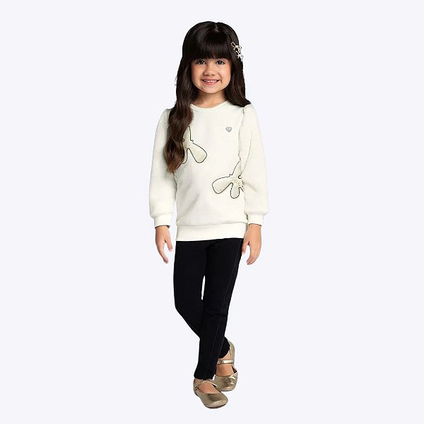 Conjunto Blusa Manga Longa Bordada E Calça Legging Molicotton Infantil Menina Milon 2000798 Offwhite
