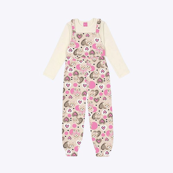 Jardineira Ursinho Com Blusa Manga Longa Infantil Menina Mundo Cinti 12348 Natural