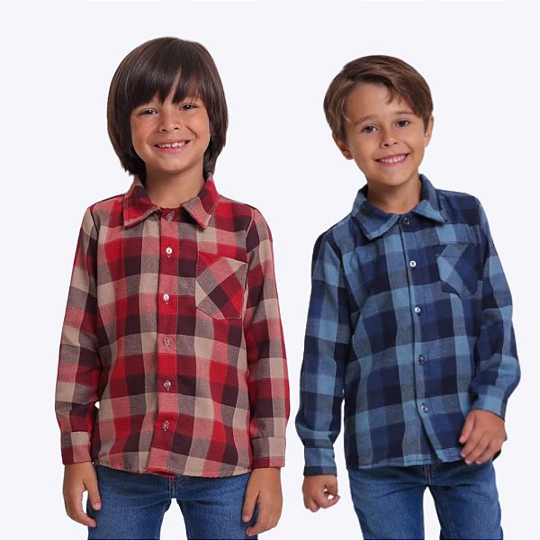 Camisa Junina Xadrez Com Bolso Infantil Menino Muvile 6020 Azul