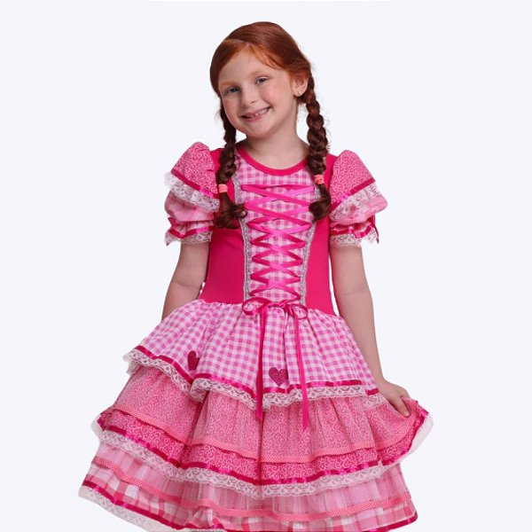 Vestido Junino Rosa Xadrez Infantil Menina Muvile 6011