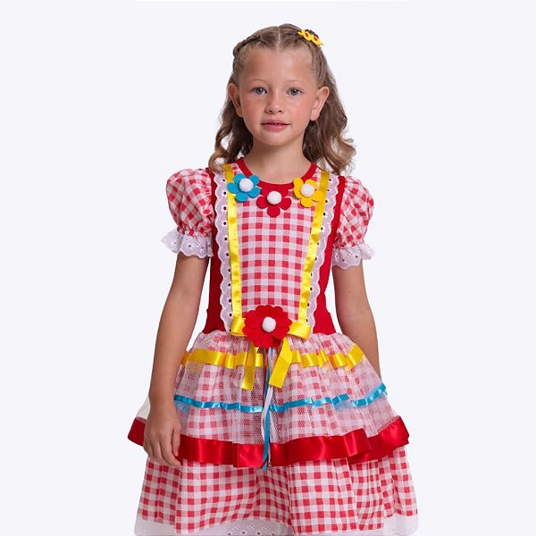 Vestido Junino Xadrez Vermelho com Tule Infantil Menina Muvile 6005