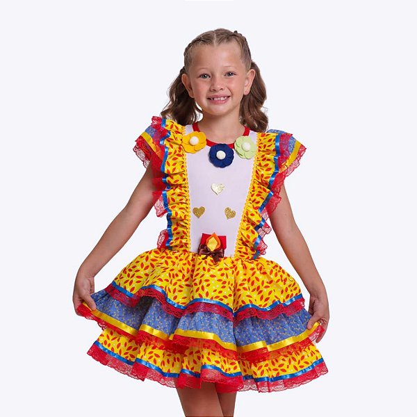 Vestido Junino Amarelo Com Folhagem Vermelha Infantil Menina Muvile 6032
