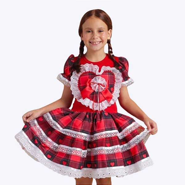 Vestido Junino Xadrez Vermelho com Coração Infantil Menina Muvile 6001