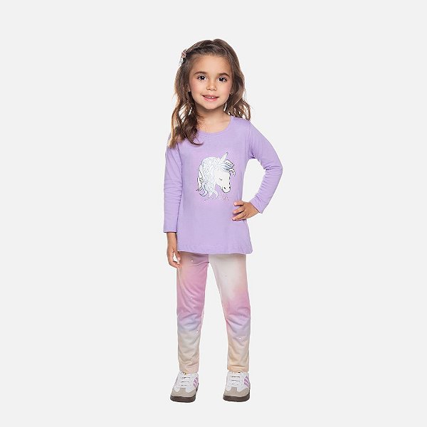 Conjunto Blusa Manga Longa Unicórnio e Calça Legging Colorida Infantil Menina Have Fun 29408