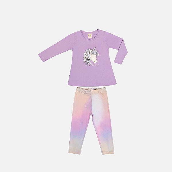 Conjunto Blusa Manga Longa Unicórnio E Calça Legging Colorida Infantil Menina Have Fun 29408 Rosa