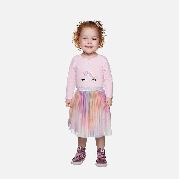Vestido Manga Longa Tule Unicórnio Infantil Menina Have Fun 29410