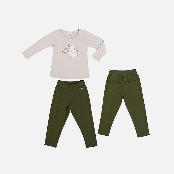 Conjunto Blusa Manga Longa Cotton E Calça Montaria Molecotton Infantil Menina Have Fun 29421 Bege