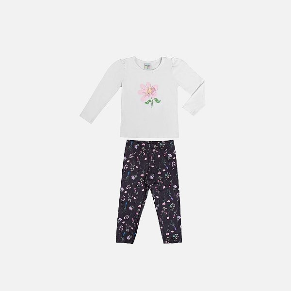 Blusa Manga Longa Flor E Calça Legging Molecotton Infantil Menina Have Fun 29427 Offwhite