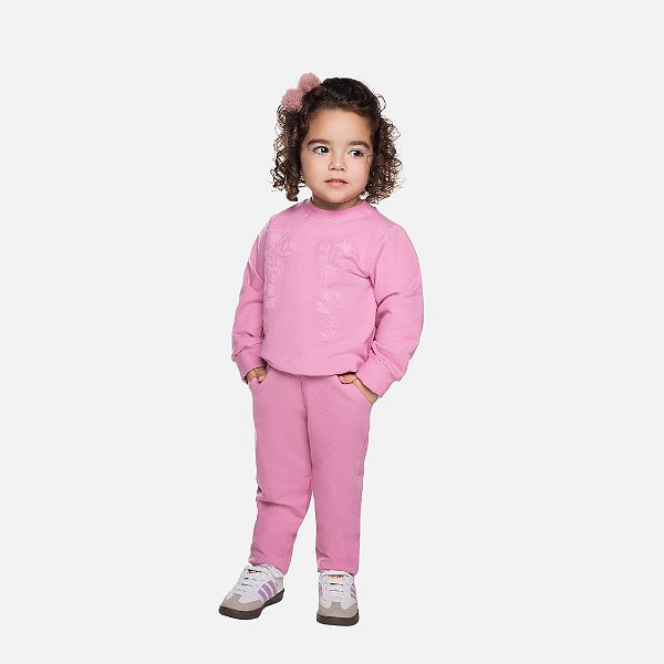 Conjunto Casaco Moletom Bordado Flor e Calça Molecotton Infantil Menina Have Fun 29428