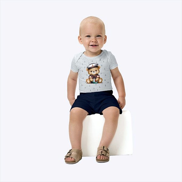 Conjunto Body Manga Curta Ursinho E Shorts Bebê Menino Kyly 1001135 Mescla
