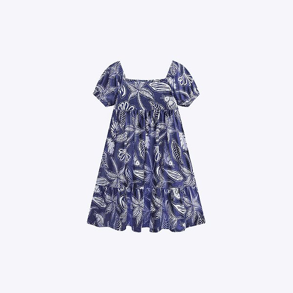 Vestido Azul Manga Curta Folhagens Infantil Menina Nanai 6000289