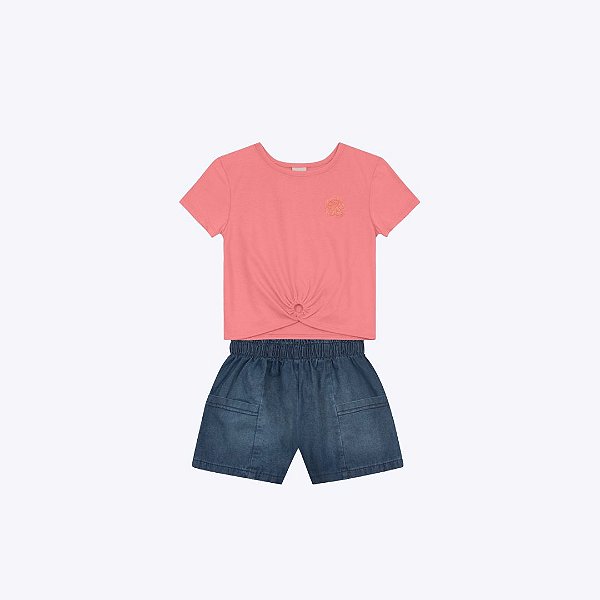 Conjunto Blusa Manga Curta E Shorts Juvenil Menina Brandili 26619 Salmao