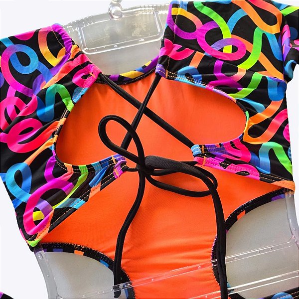 Maiô Manga Longa Preto com Colorido Infantil Feminina Moda Praia Siri Kids 40206