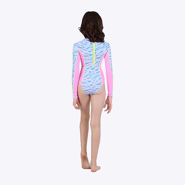 Maiô Manga Longa Azul Zebra Infantil Feminino Moda Praia Siri Kids 40075