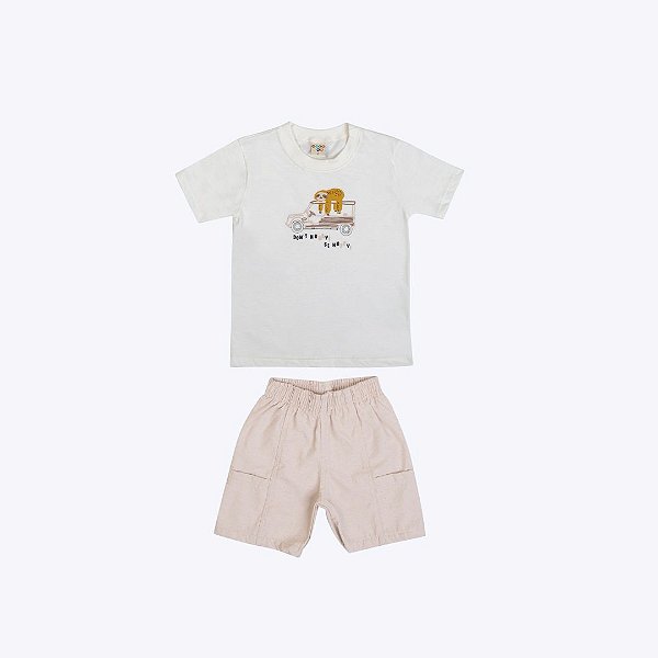 Conjunto Camiseta Branca e Bermuda Bege Infantil Masculino Have Fun 29708
