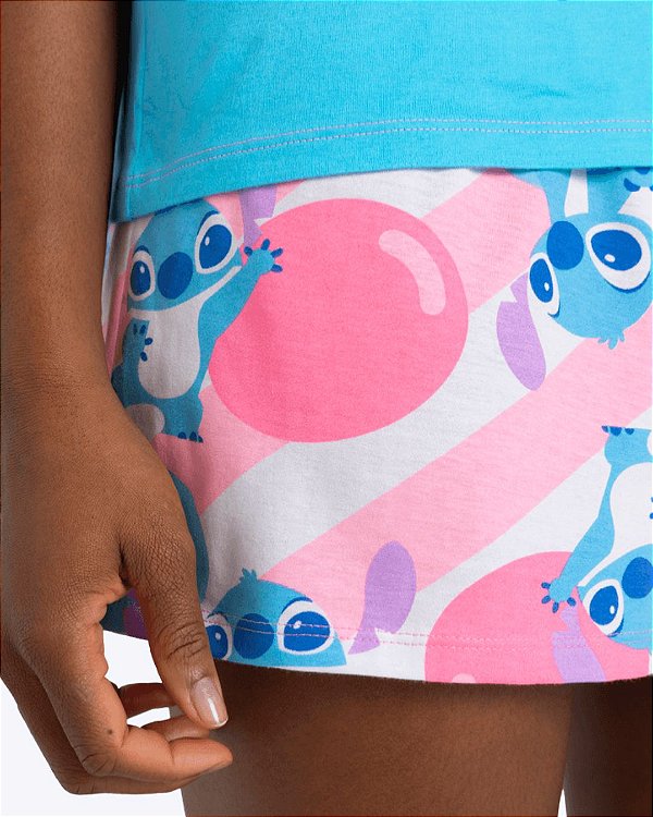 Pijama Manga Curta Algodão Stitch Adulto Feminino Puket 030602954