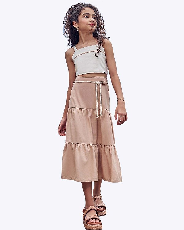 Conjunto de Top Cropped e Saia New Midi em Linho Santorine Juvenil Feminino Vic&Vicky 84932