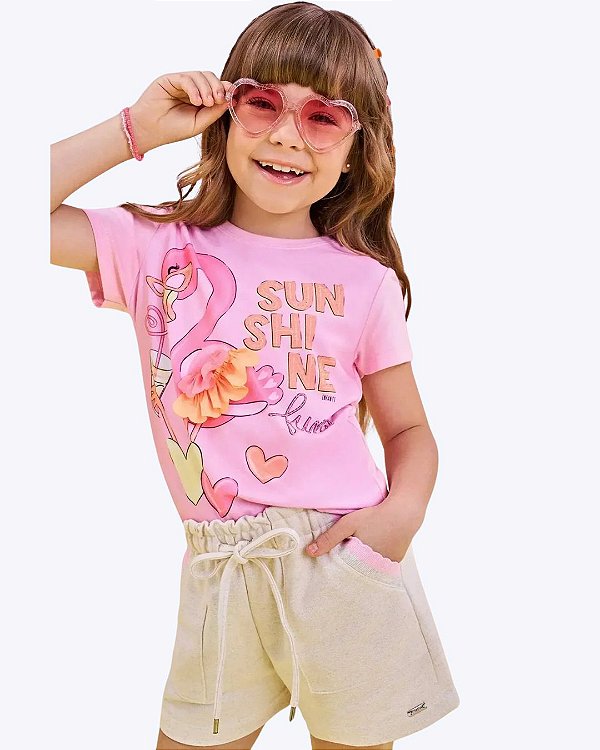 Conjunto Blusa em Meia Malha e Shorts em Moletom sem Pelúcia Infantil Feminino Infanti 83455