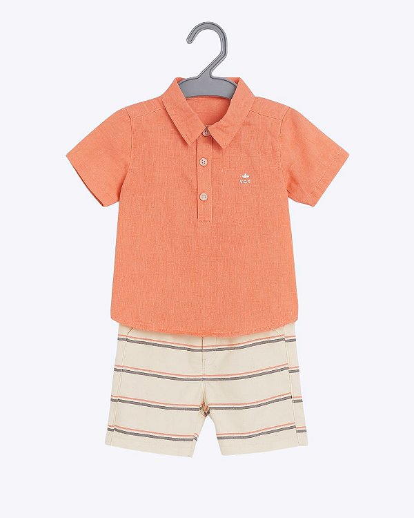Camisa Social Laranja e Bermuda Listrada Infantil Masculino Vigat 3953