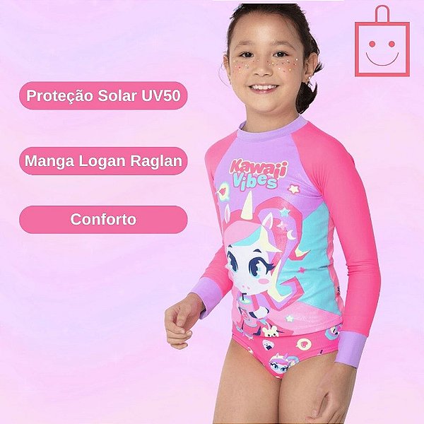 Camiseta Manga Longa Para Nadar com Proteção Solar Menina Unicórnio Kawaii Puket  110400983