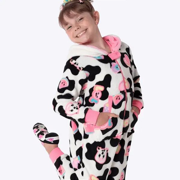 Pijama Kigurumi com Capuz Vaquinha Patches Infantil Menina Puket 030402753
