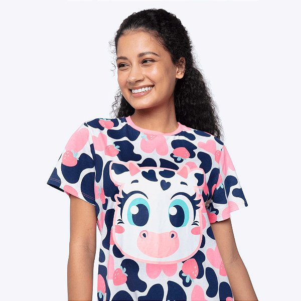 Camisola Manga Curta Algodão Vaca Romântica Adulto Feminino Puket 030602793