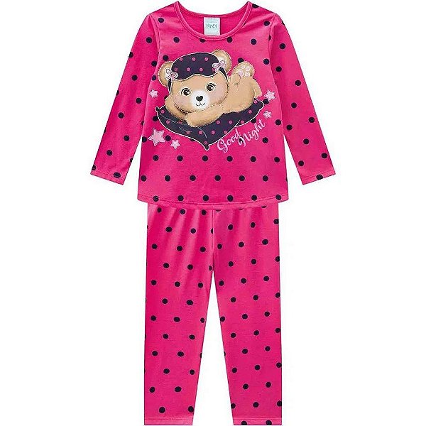 Pijama Infantil Feminino Malha Manga Longa Ursinho Mescla/Rosa Kyly 207778