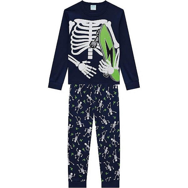 Pijama Infantil Masculino Esqueleto que Brilha no Escuro Manga Longa Malha Kyly 207811