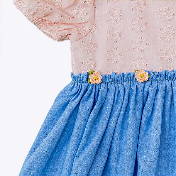 Vestido com Saia Jeans Florzinha Bebê Menina Vigat 2604