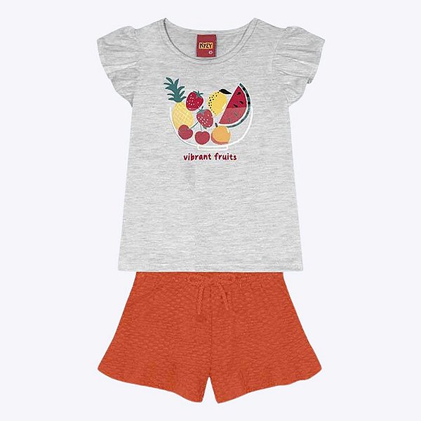 Conjunto Blusa Manga Curta Estampada e Shorts em Malha Infantil Feminino Kyly 1000235