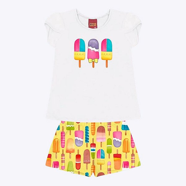 Conjunto Blusa Manga Curta e Shorts Estampa Picolé Infantil Feminino Kyly 1000233
