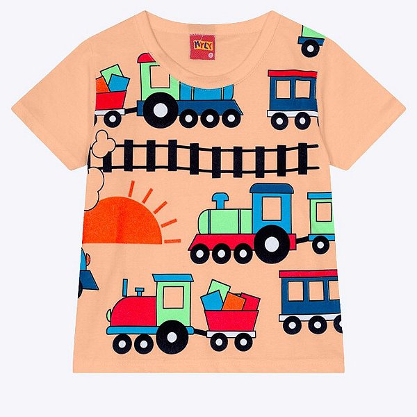 Camiseta Manga Curta Estampa Trenzinho Infantil Masculina Kyly 1000350