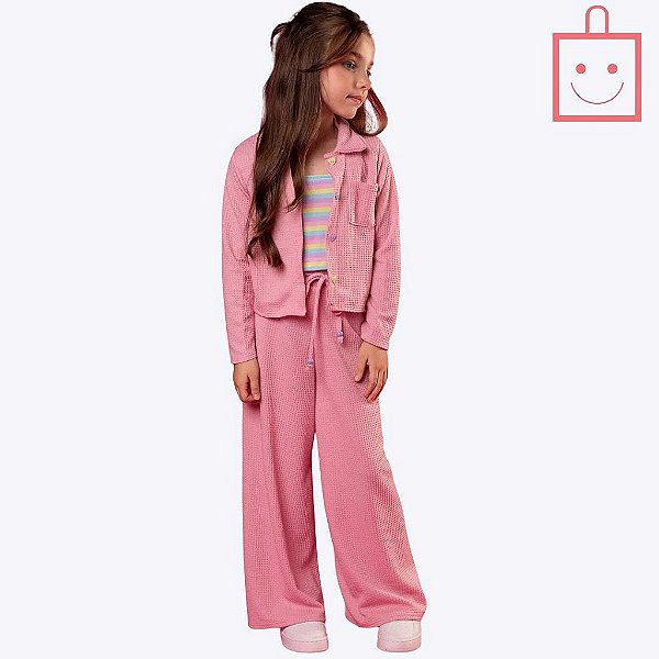 Conjunto Trio Top em Malha Power com Casaco e Calça em Malha Quadradinhos Infantil Feminino Infanti 70321