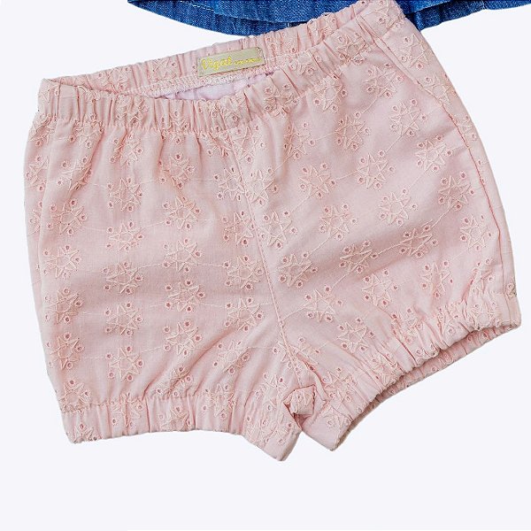 Conjunto Blusa Manga Curta Jeans e Shorts em Lese Bebê Menina Vigat 2603