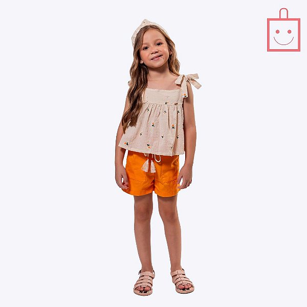 Conjunto Blusa de Alcinha Bordado Florzinha e Shorts Laranja Infantil Menina Vigat 4880