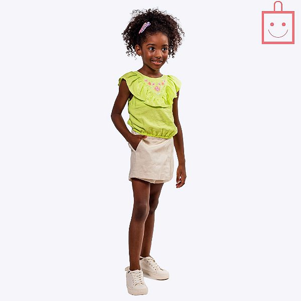 Conjunto Blusa Bata Verde e Short-Saia Off White Infantil Menina Vigat 4921