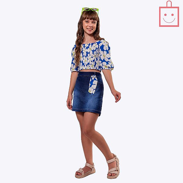 Conjunto Blusa Estampa Floral e Saia Jeans Juvenil Menina Vigat 7859
