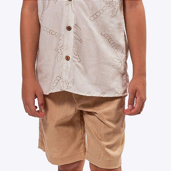 Conjunto Infantil Camisa Off White Estampada de Coqueiro e Bermuda Sarja Bege Vigat 3962