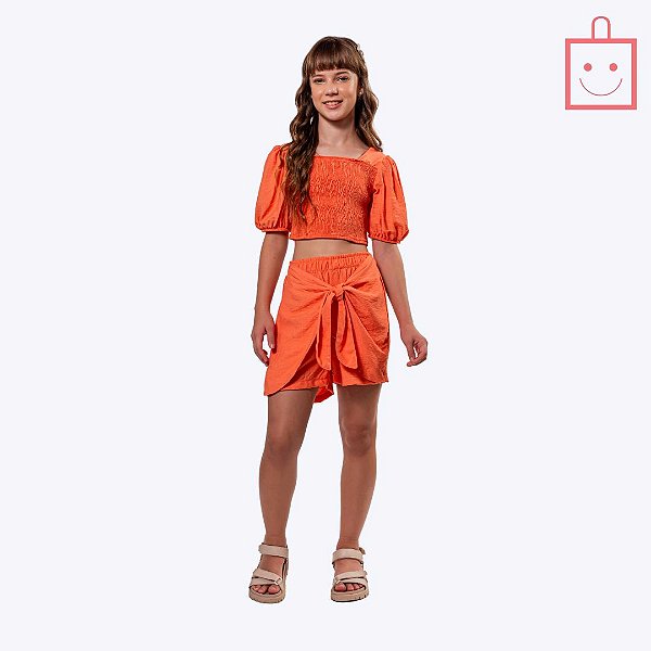 Conjunto Blusa Cropped e Shorts com Amarração Laranja Juvenil Menina Vigat 7851