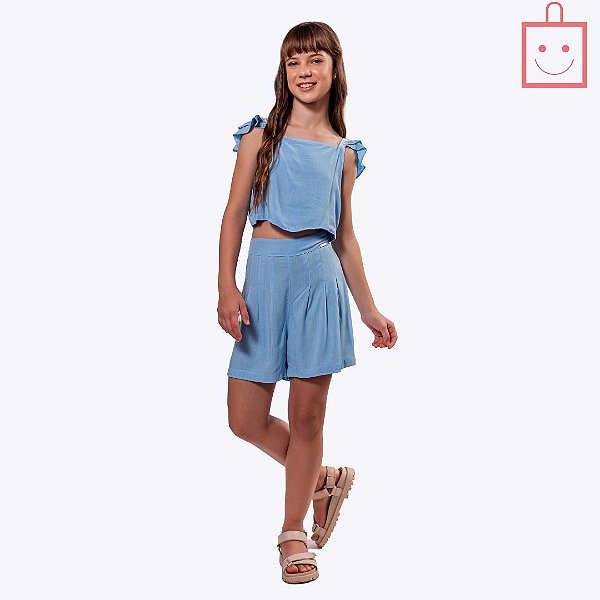 Conjunto Blusa de Alcinha e Shorts Cintura Alta Azul Juvenil Menina Vigat 7856