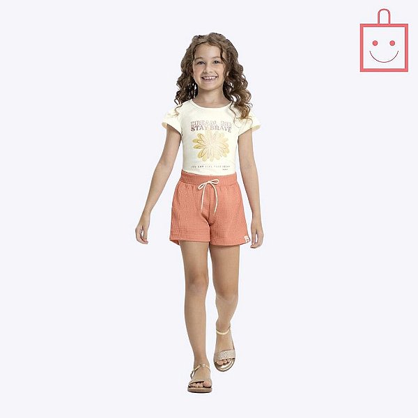 Conjunto Blusa Manga Curta e Shorts Malha Waffle Infantil Menina Have Fun 28902