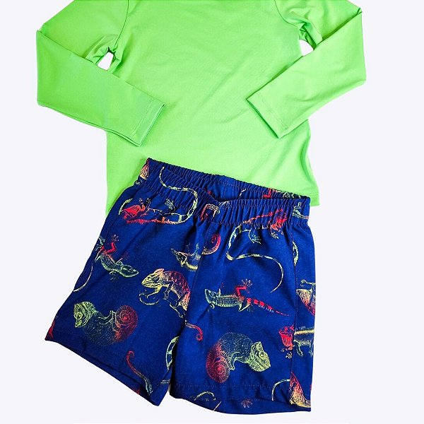 Blusa de Nadar Manga Longa e Bermuda Malha Tactel Infantil Menino Moda Praia Have Fun 29098