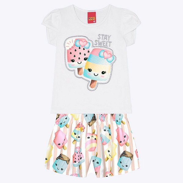 Conjunto Blusa Manga Curta e Shorts em Malha Estampado Infantil Menina Kyly 1000213